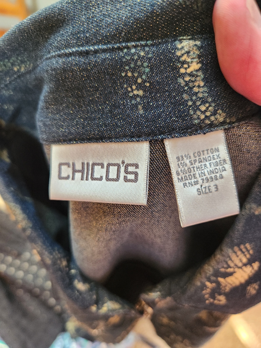 Chico's Navy Denim Jacket with Gold Floral Print XL Like New - Picture 4 of 11